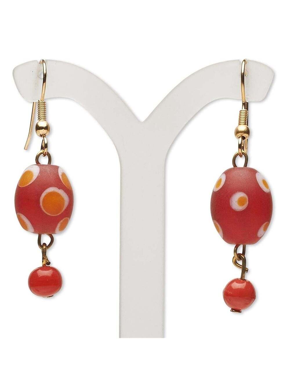 Handcrafted India Red Yellow White Dotted Glass Beads and Brass Earrings